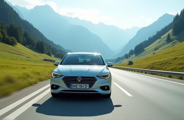 Car driving on a scenic road, illustrating travelers