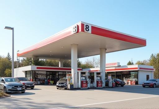 Exterior of a petrol station with cars and pumps